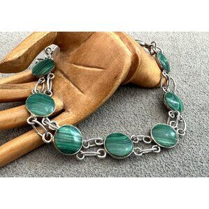 Vintage Elegant STERLING Silver Green MALACHITE in LINK BRACELET 7"